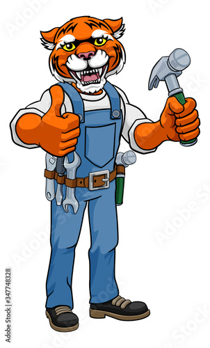 A tiger cartoon animal mascot carpenter or handyman builder construction maintenance contractor holding a hammer and giving a thumbs up