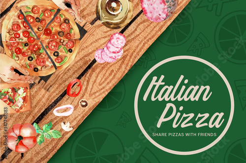 Pizza frame design with hands, pizza, tea pot watercolor illustration.