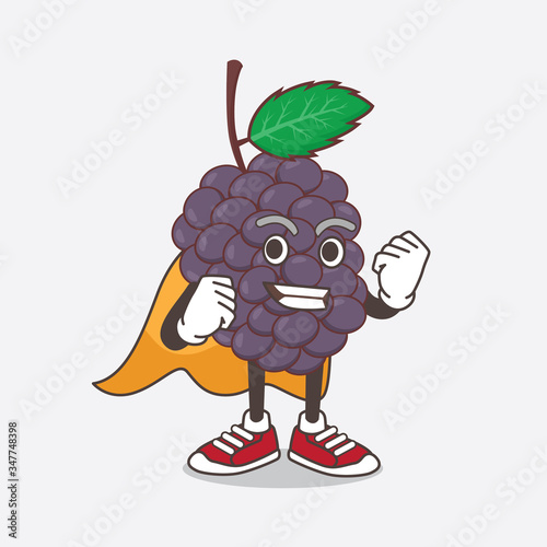 Mulberry Fruit cartoon mascot character dressed as a Super hero