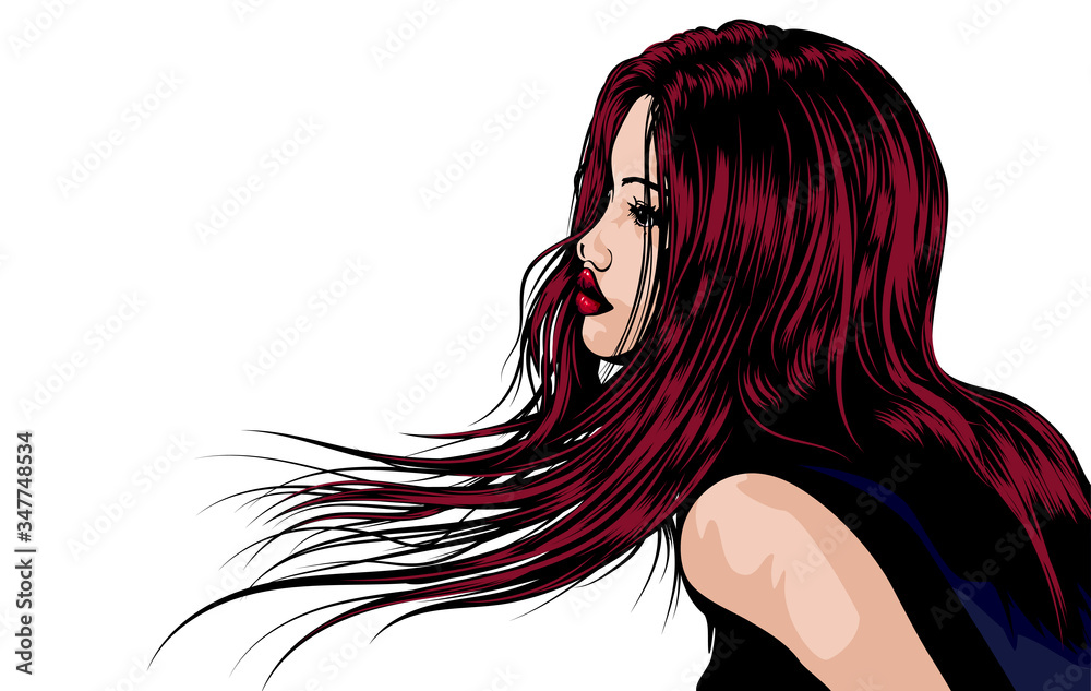 Girl with hair on the wind. Vector image. 