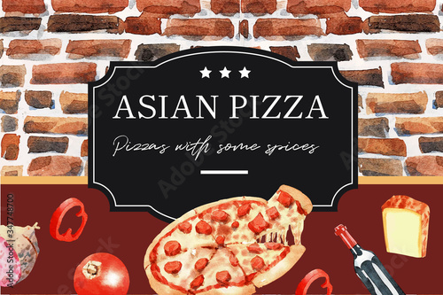 Pizza frame design with rolling pin, potato, pizza watercolor illustration.