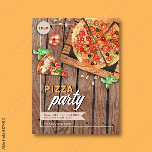 Pizza poster design with pumpkin, basil, pizza watercolor illustration..