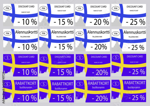template of discount cards for Finland and Sweden stores with the image of the cathedral and the old city. Finland, Sweden