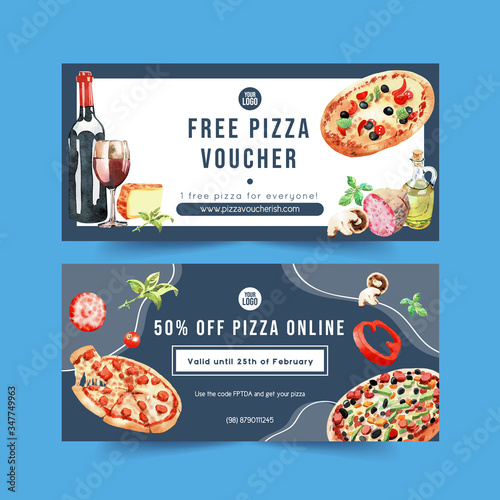 Pizza voucher design with wine, cheese, salami water illustration