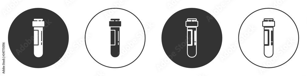 Black Test tube or flask with blood icon isolated on white background. Laboratory, chemical, scientific glassware sign. Circle button. Vector Illustration Black Test tube or flask with blood icon isolated on white background. Laboratory, chemical, scientific glassware sign. Circle button. Vector Illustration
