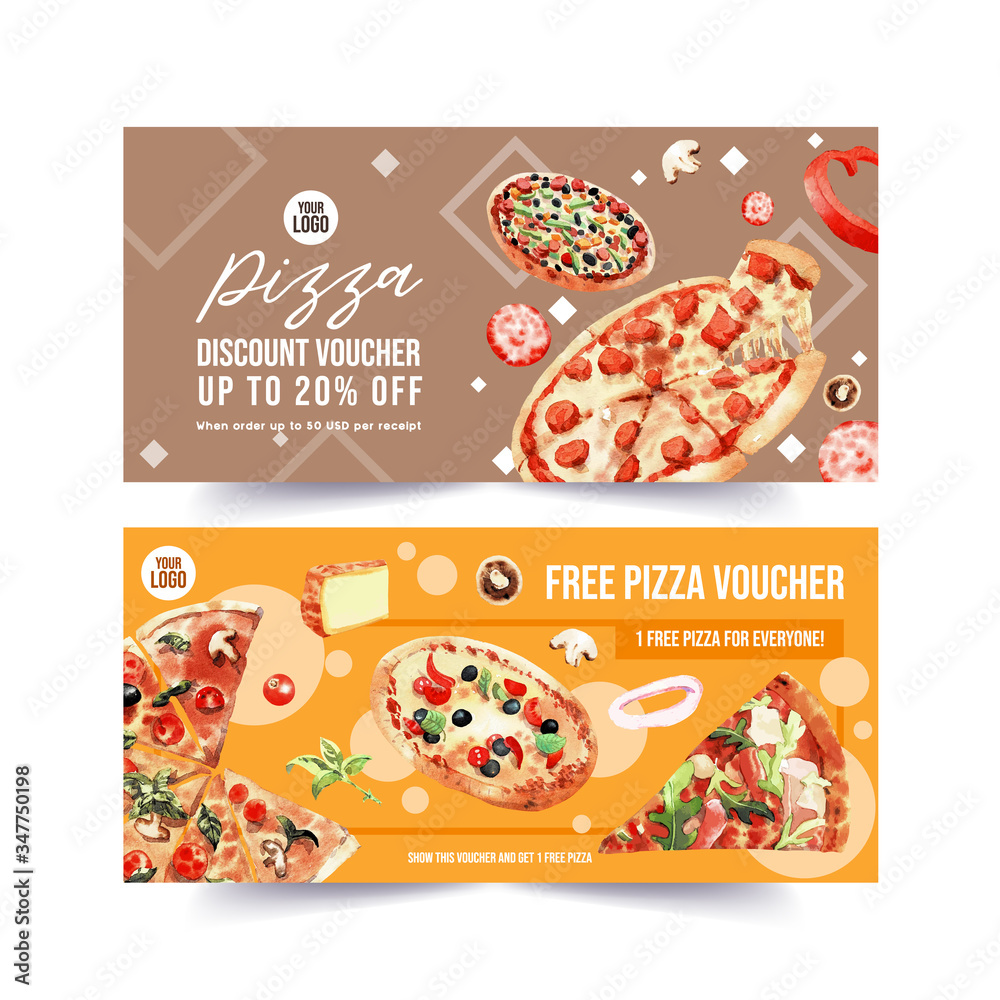 Pizza voucher design with mushroom, cheese, piece water illustration