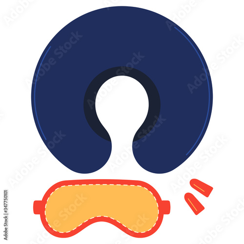 Sleeping mask with earplugs and travel neck pillow icon set isolated on white background.