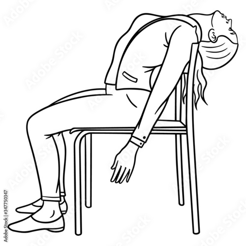 monochrome comic drawing of a businesswoman from the side, sitting exhausted on a chair and hanging her head.