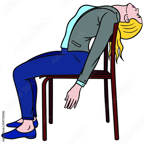 exhausted businesswoman wearing a suit sits on a chair and hangs her head. give up, burnout, cartoon, vector, isolated.