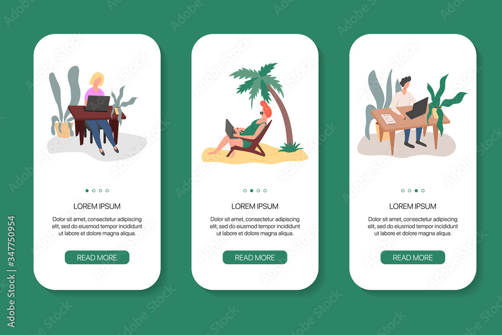 Fototapeta premium Young man and women working at home and at the beach vector flat mobile app screens.