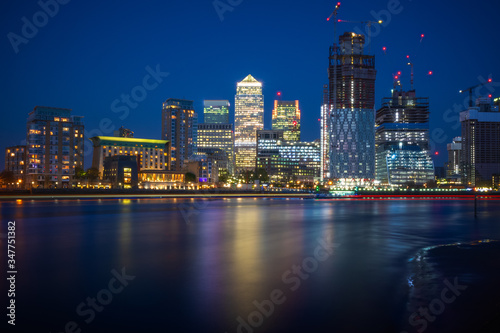 Long exposure  Canary Wharf with new development in London at night