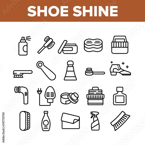 Shoe Shine Service Collection Icons Set Vector. Brush And Cream, Electronic Heater And Polish Spray Package Equipment For Shoe Shine Concept Linear Pictograms. Monochrome Contour Illustrations