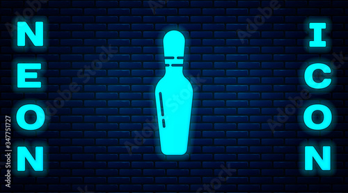 Glowing neon Bowling pin icon isolated on brick wall background.  Vector Illustration