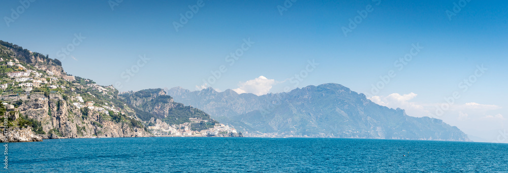 Sea View Panorama of the Amalfi Bay on a sunny day, Amalfi, Italy.