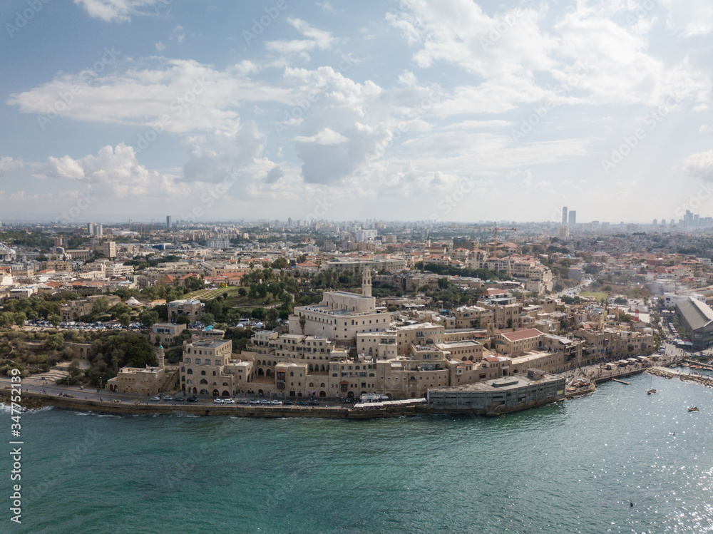 Aerial view of Old Jaffa and sea, Tel Aviv, Israel.