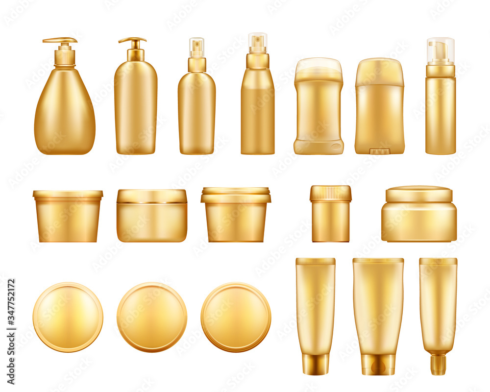 Gold cosmetic bottles mockups isolated on white background lotion