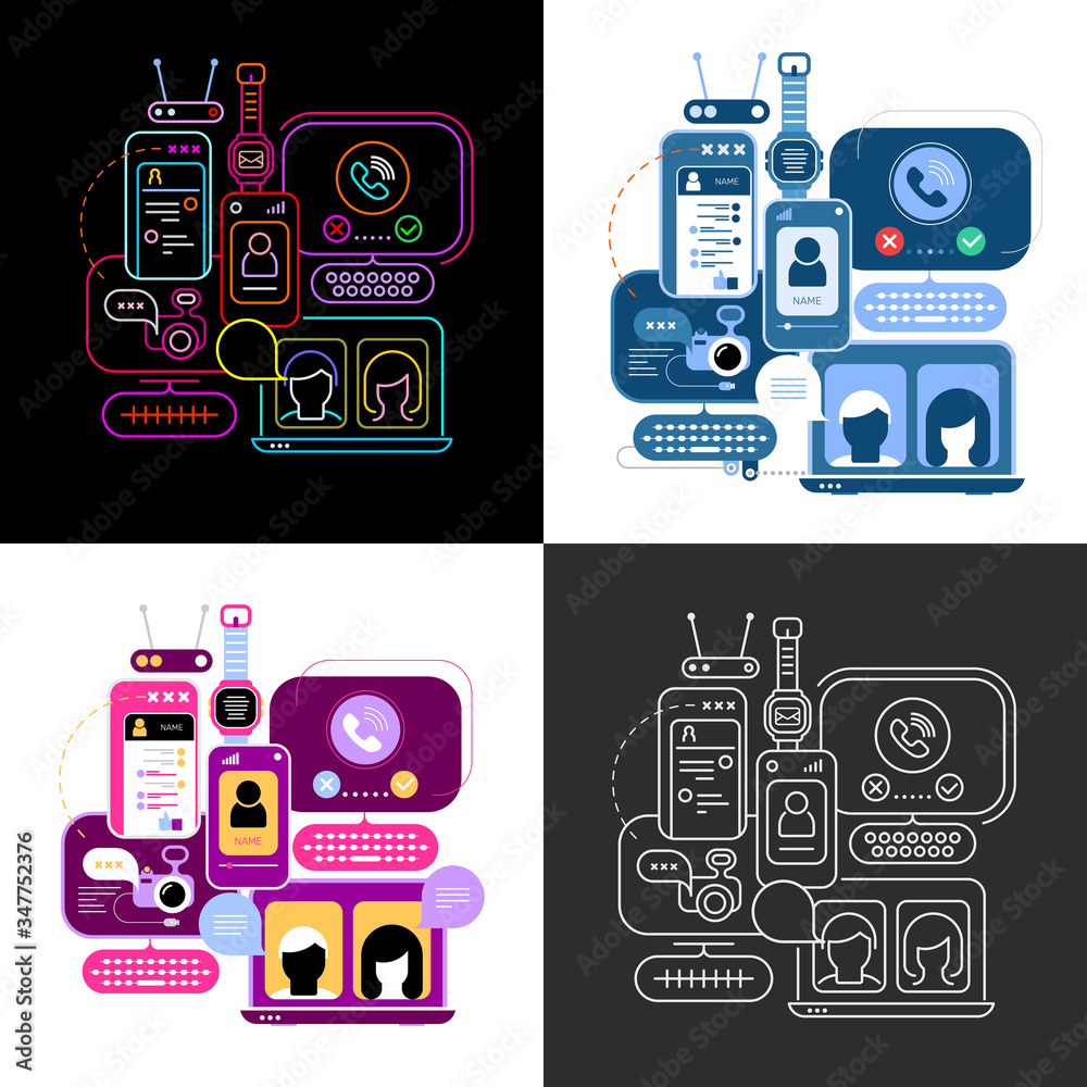 Fototapeta premium Four options of Online Chatting vector illustration. Computer monitors and smartphone screens with chat messages, video conference and video calling.