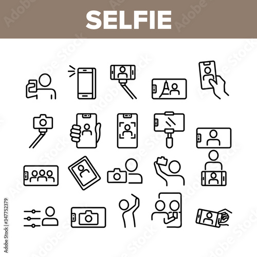 Selfie Photo Camera Collection Icons Set Vector. Selfie Stick Tool And Smartphone Digital Device For Make Photography Card Concept Linear Pictograms. Monochrome Contour Illustrations