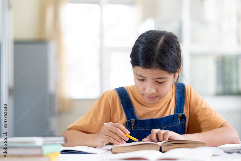 Asian girl reading and doing homework at her home Asian girl reading and doing homework at her home