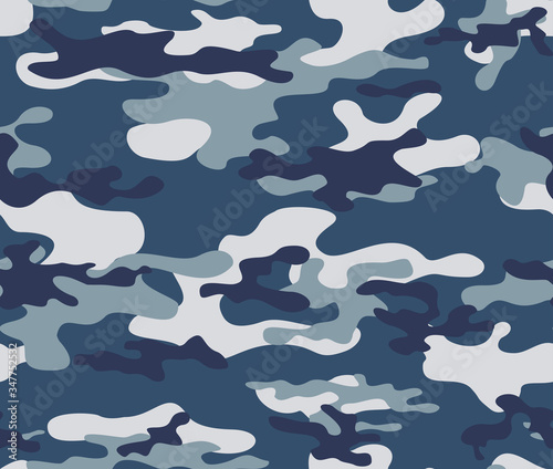 Blue camouflage rabbit classic pattern on textile clothes, fabrics. Vector background. Ornament.