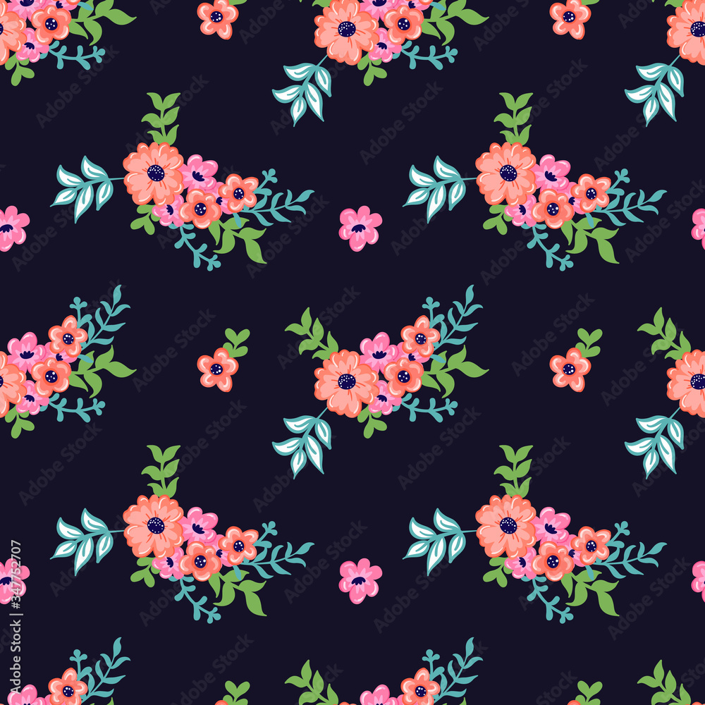 Simple floral print design, seamless vector pattern with hand drawn retro vector flower bouquets on a black background