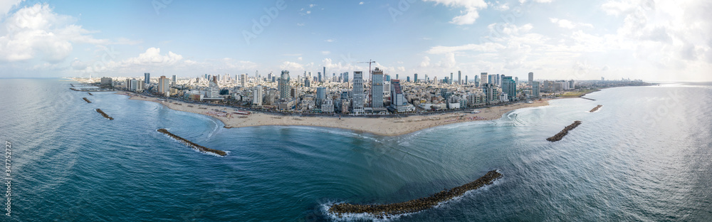 Aerial panoramic view of Tel Aviv and sea, Tel-Aviv, Israel.