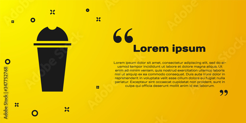 Black Milkshake icon isolated on yellow background. Plastic cup with lid and straw.  Vector Illustration