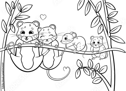 Cute cartoon vole family vector coloring page outline. Male and female voles with their little voles hanging on grass blade. Forest animals for kids
