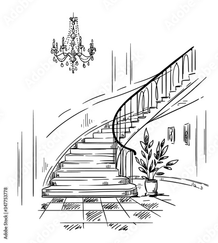 interior design, spacious hall and staircase drawing vector