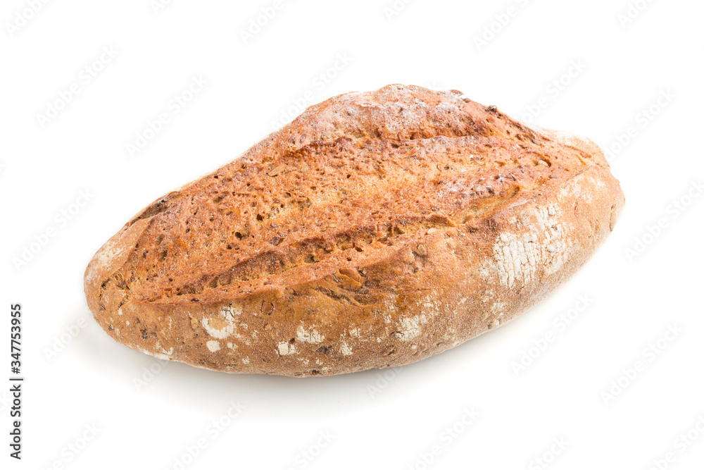 Fresh homemade golden bread with different seeds isolated on white background. side view. Fresh homemade golden bread with different seeds isolated on white background. side view.