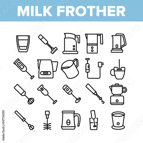 Milk Frother Device Collection Icons Set Vector. Milk Frother Kitchen Electronic Equipment, Utensil Kitchenware, Mixer Machine Concept Linear Pictograms. Monochrome Contour Illustrations
