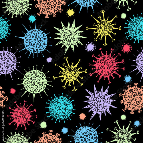 Different kinds of virus, sketch collection. Hand drawn illustration of seamless pattern on black. Respiratory virus infection. Corona virus. Covid19 and other viruses.