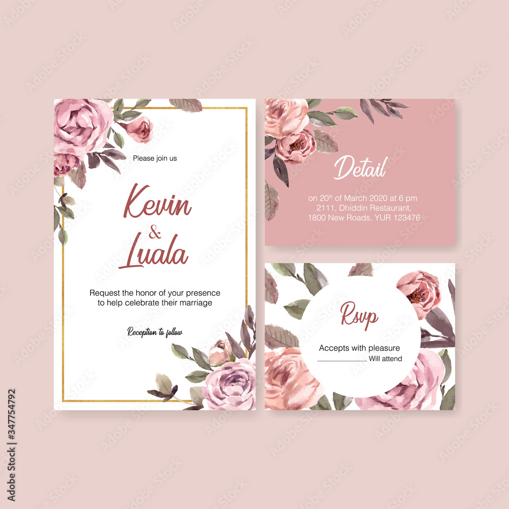 Fototapeta Dried floral wedding card design with rose, peony, leaves watercolor illustration