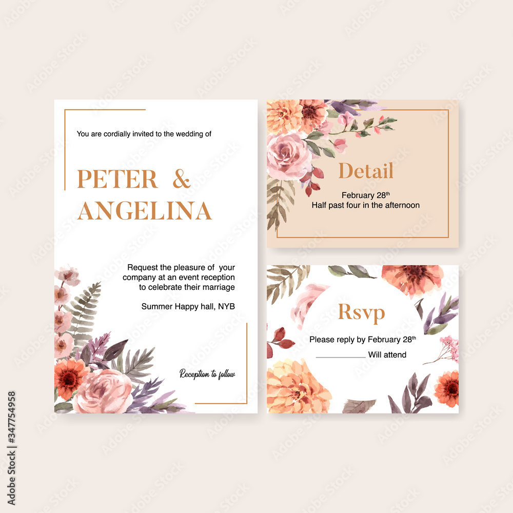 Dried floral wedding card design with marigold, anemone, rose watercolor illustration