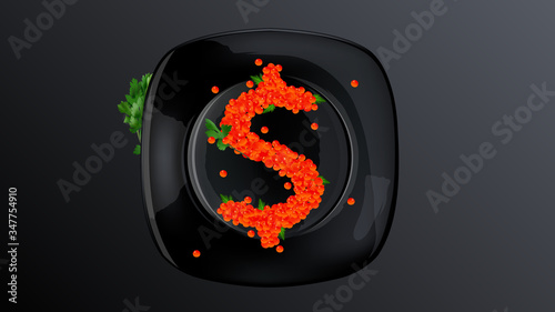 Dollar sign made from red caviar on a black plate.