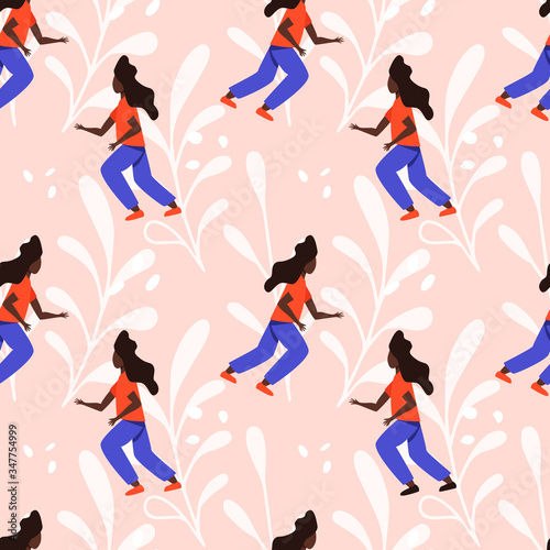 Girl running vector flat seamless pattern. Sport, active recreation, healthy lifestyle, pilates, fitness, meditation background.