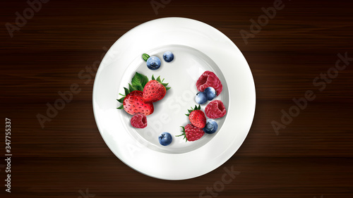 Set of blueberries, raspberries and strawberries on a white plate.