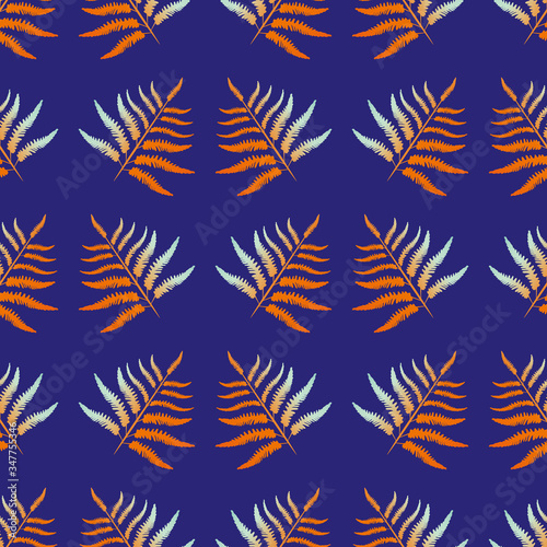 Fern vector seamless pattern background. Forest plant frond neon indigo, orange, blue backdrop. Geometric botanical foliage illustration. Stylized all over print for nature health concept packaging