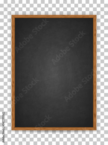 Realistic blank black chalkboard in wooden frame. Rubbed out dirty chalkboard. Background for school or restaurant design, menu. Blackboard isolated over whit background. Clipart vector illustration 