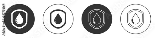 Black Waterproof icon isolated on white background. Water resistant or liquid protection concept. Circle button. Vector Illustration