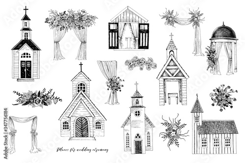 Places for wedding ceremony. Churches, chapel, floral arches Fototapeta