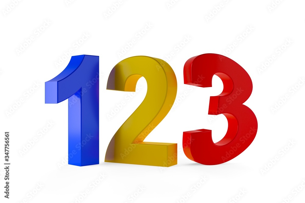 Colorful blue, yellow and red numbers one, two and three over white background, education or playing concept Colorful blue, yellow and red numbers one, two and three over white background, education or playing concept
