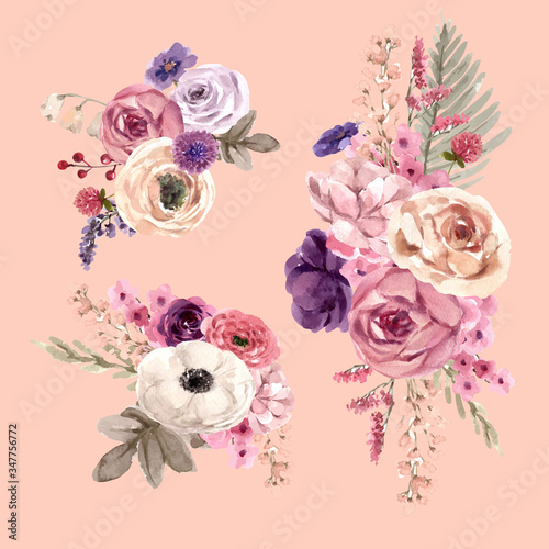Floral wine bouquet design with Mouquet, rose, lisianthus watercolor illustration. photo