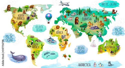 Naklejka na ścianę kolorowa mapa świata ze zwierzętami, samolotem i balonem na białym tle