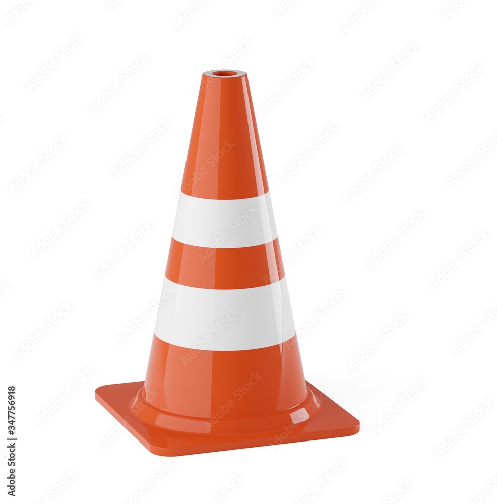 Single orange traffic warning cone or pylon on white background - under construction, maintenance or attention concept Single orange traffic warning cone or pylon on white background - under construction, maintenance or attention concept