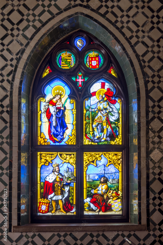 mosaic window at castle Pena Palace romanticist castle in sao pedro de penaferim sintra