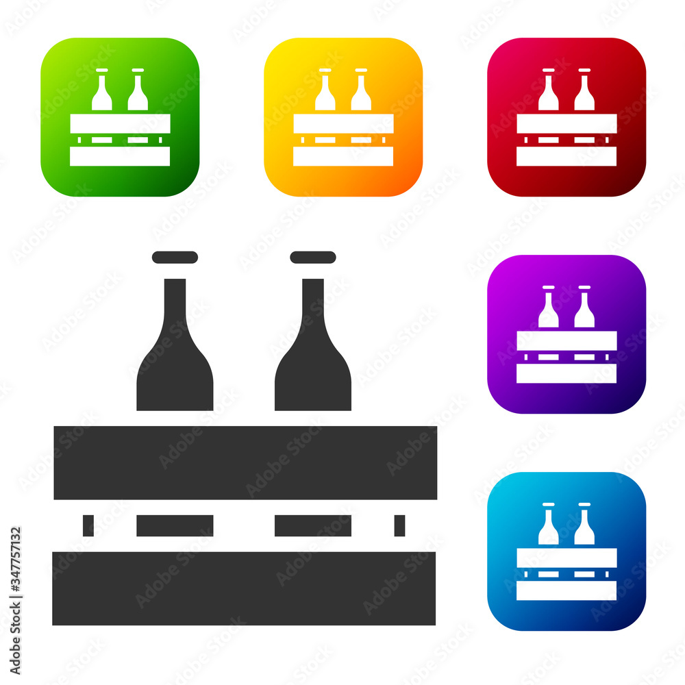 Black Pack of beer bottles icon isolated on white background. Wooden box and beer bottles. Case crate beer box sign. Set icons in color square buttons. Vector Illustration Black Pack of beer bottles icon isolated on white background. Wooden box and beer bottles. Case crate beer box sign. Set icons in color square buttons. Vector Illustration
