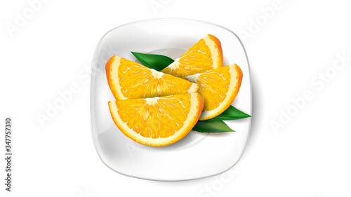 Orange slices and green leaves on a white plate.