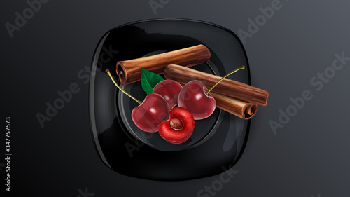 Cherry berries and cinnamon sticks on a black dish.