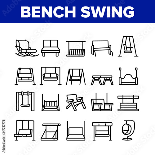 Bench Swing Furniture Collection Icons Set Vector. Bench Swing In Different Style, Comfortable Rocking Chair, Relaxation Porch Seat Concept Linear Pictograms. Monochrome Contour Illustrations